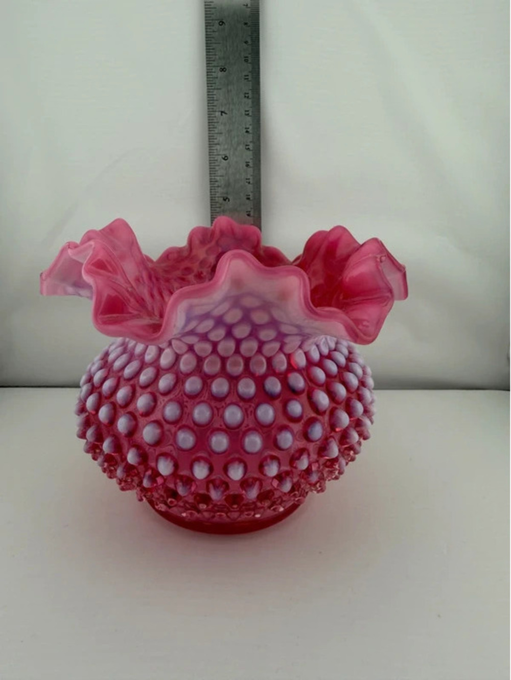 Vintage Fenton Cranberry Opalescent Hobnail Ruffled Glass Bowl Vase